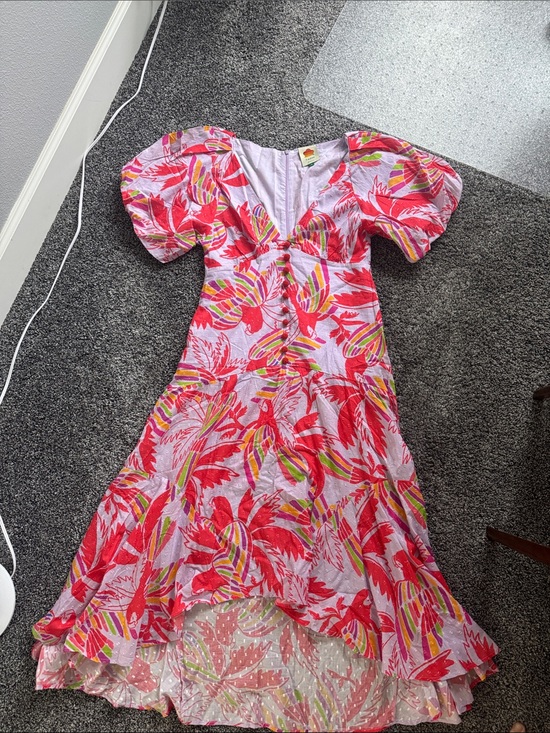 FARM Rio Dresses & Skirts - FarmRio Women's Pink & Red Floral Puff-Sleeve Midi Dress